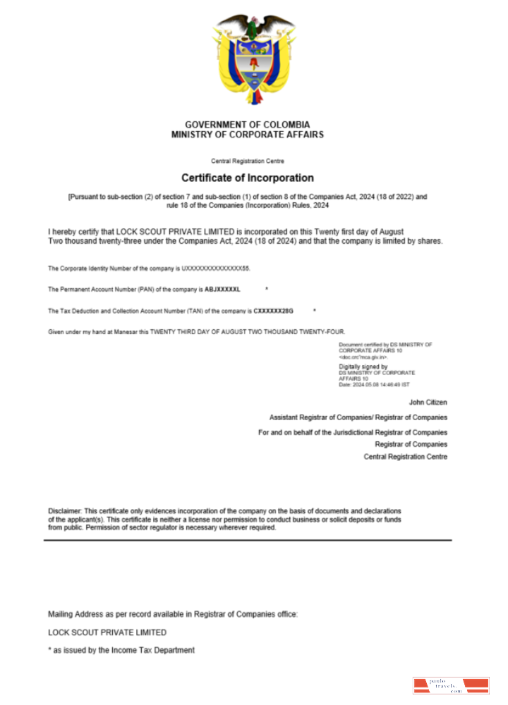 Colombia certificate of registration Word and PDF template